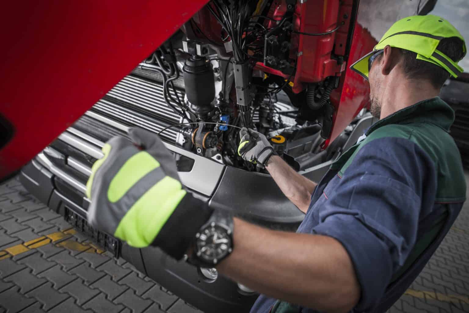 Diesel mechanic inspecting engine in workshop.