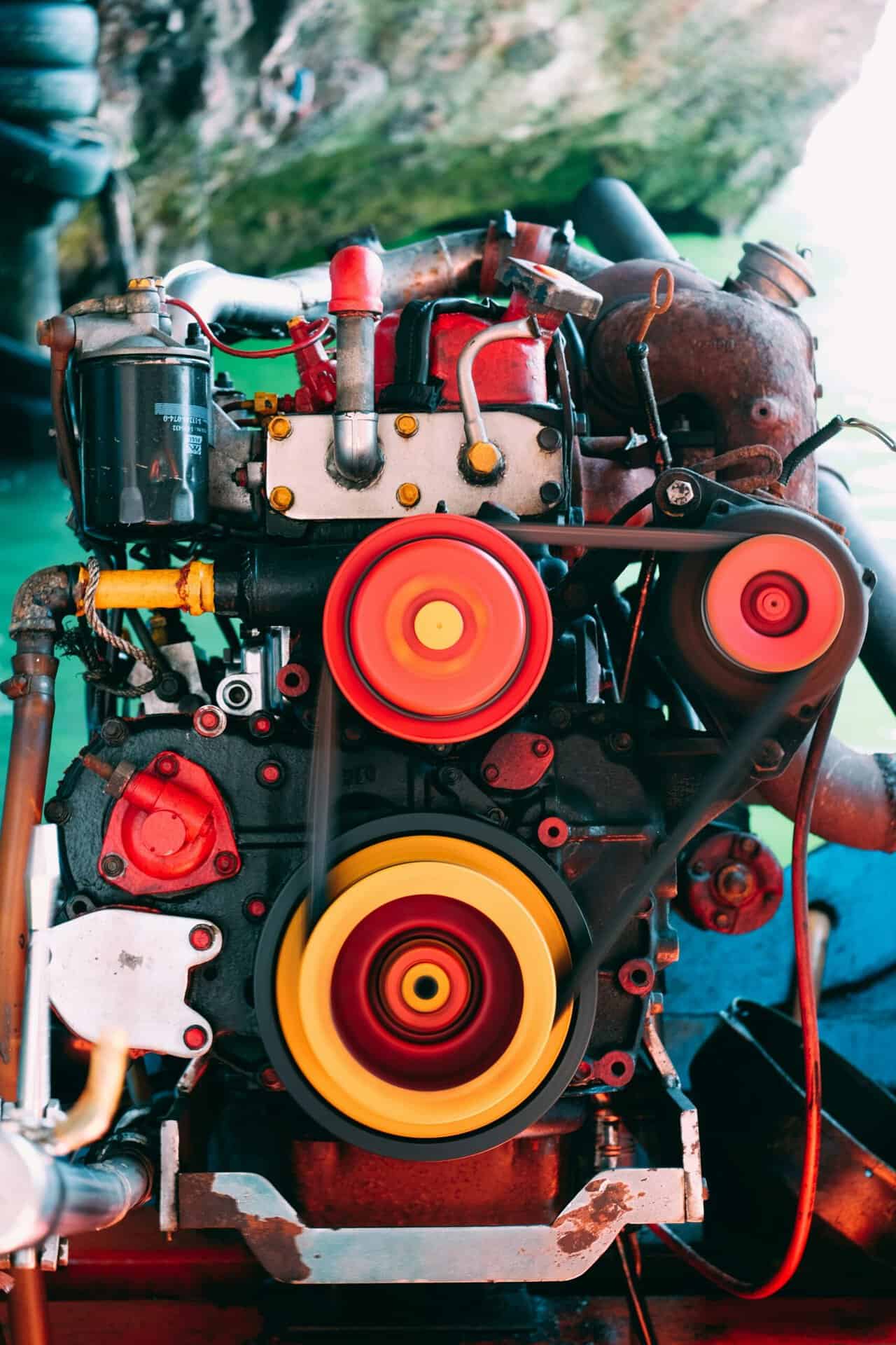 Close-up of a diesel engine with visible belts and pulleys.