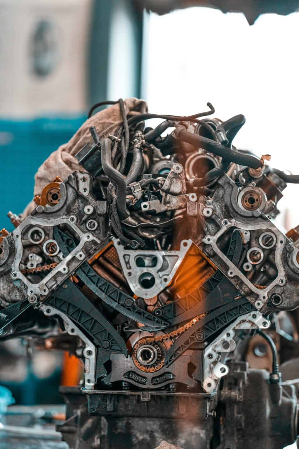 Close-up of a disassembled diesel engine with various components visible.