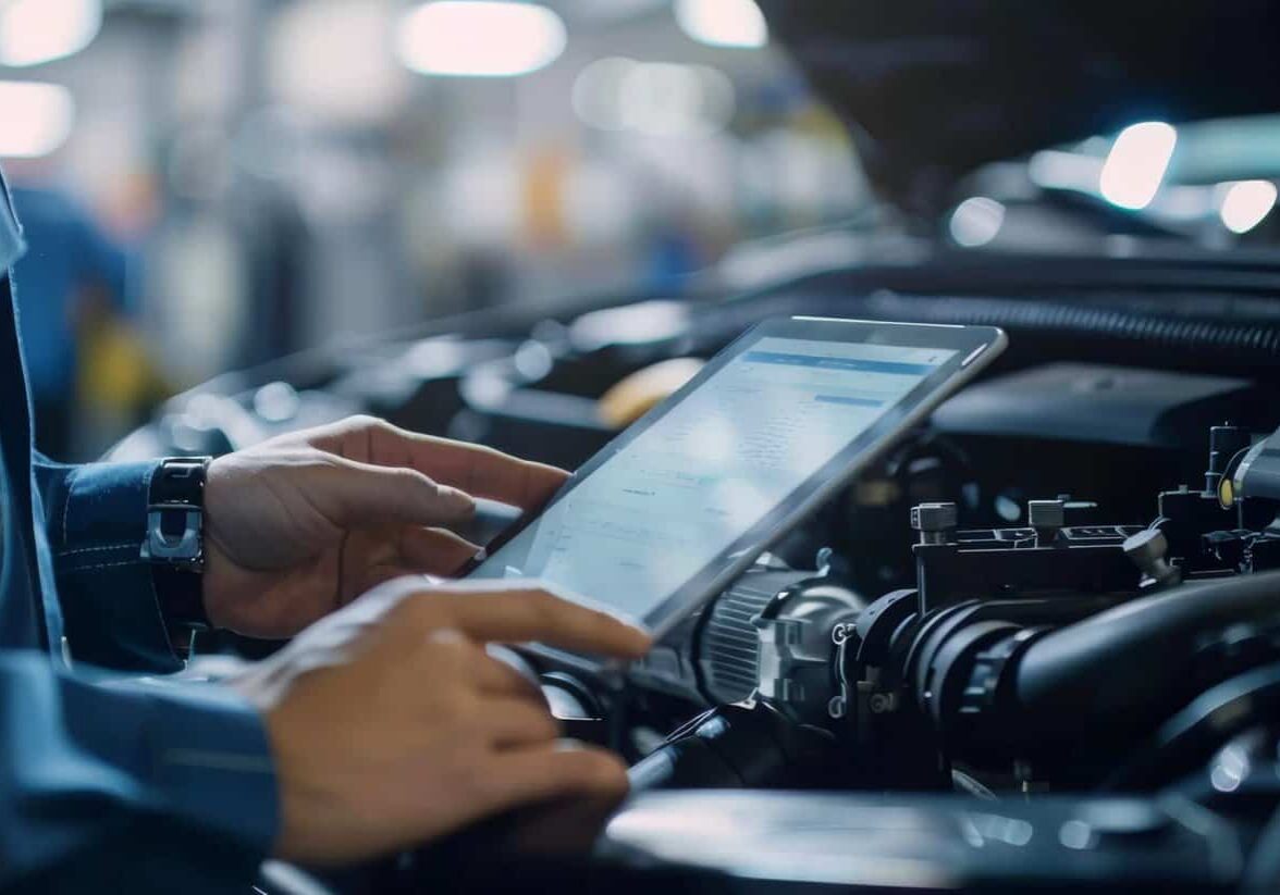 Technician using diagnostic tablet on a diesel truck engine in a workshop.